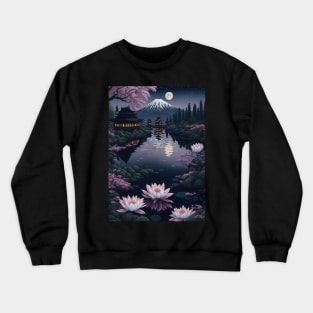 Serene Mount Fuji Sunset - Peaceful River Scenery - Lotus Flowers Crewneck Sweatshirt